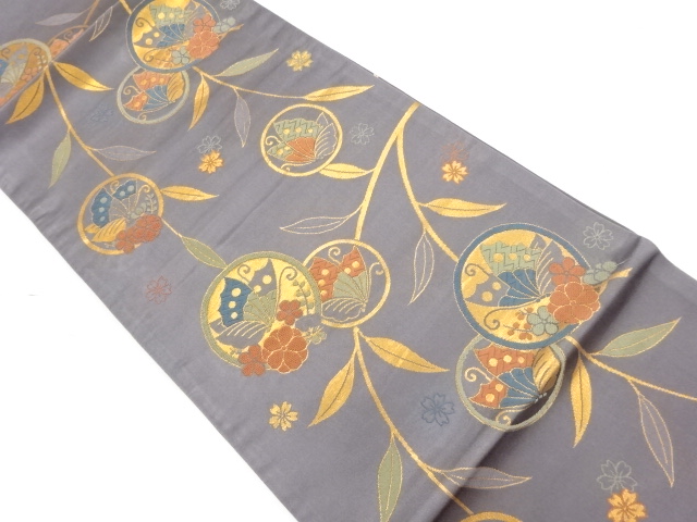 枝垂れ桜に蝶・梅模様織出し袋帯